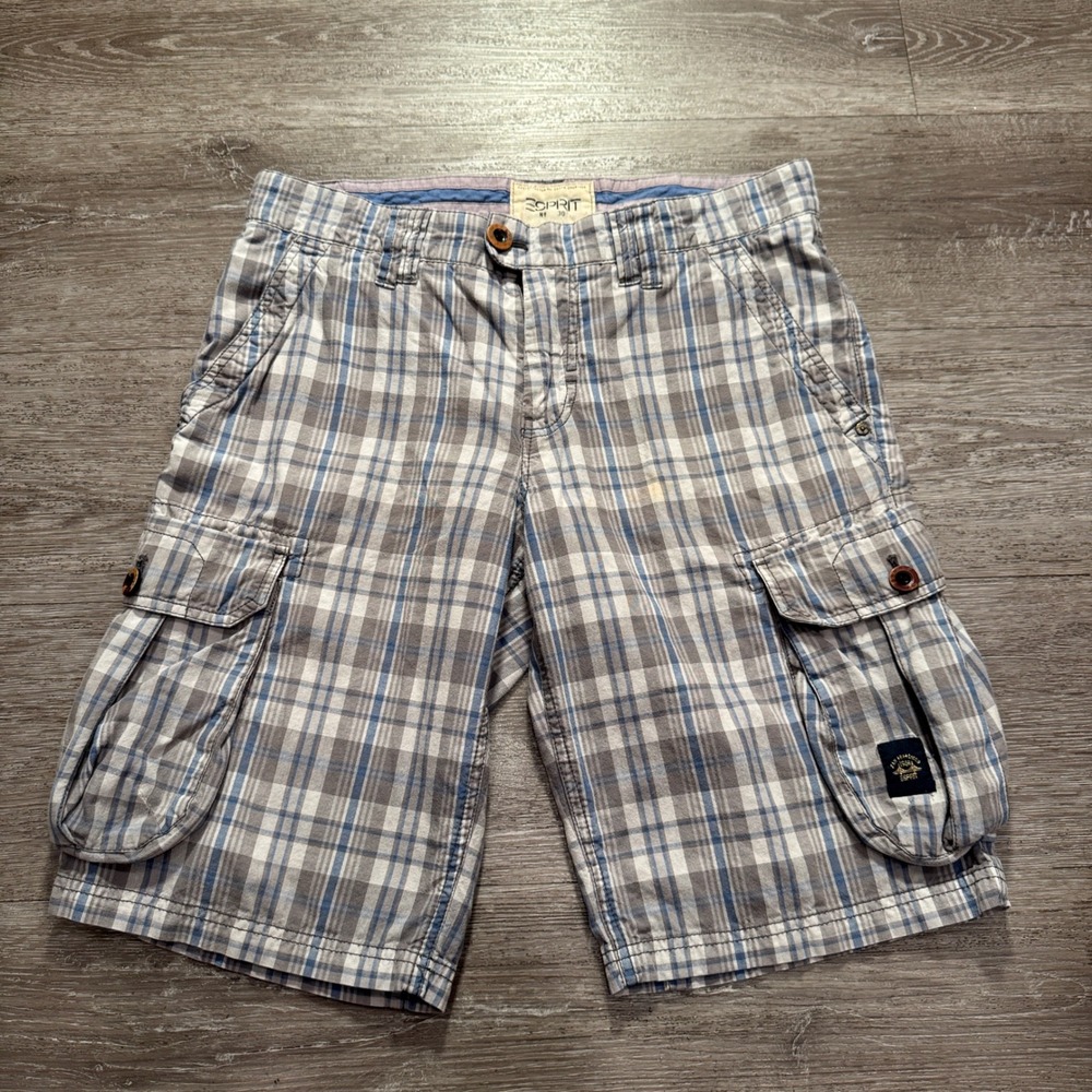 Esprit‎ Cargo Shorts Mens 30 Blue Plaid Cotton Casual Utility Gorpcore 32x11.5
